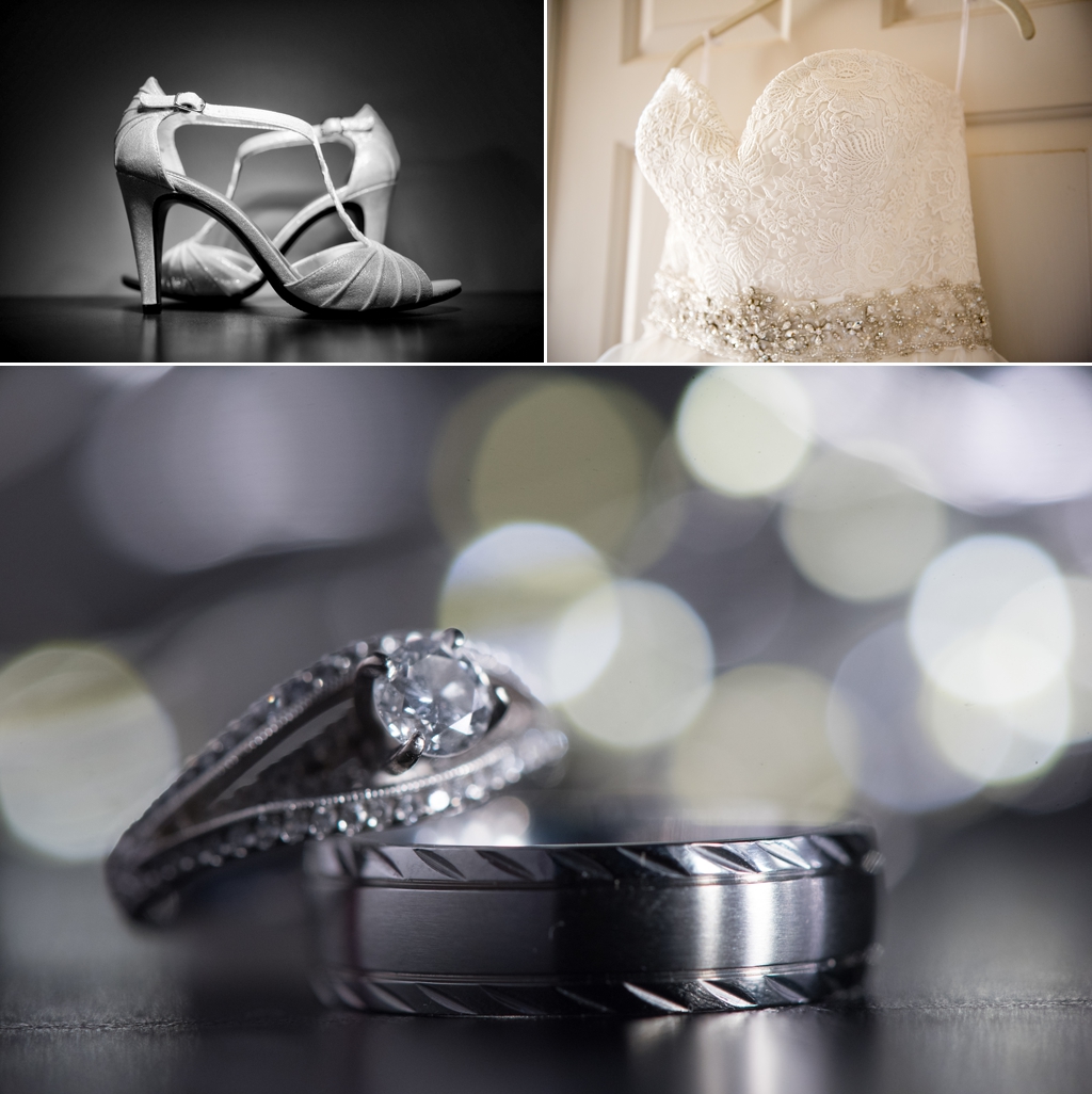 Detail shots wedding rings, shoes and dress