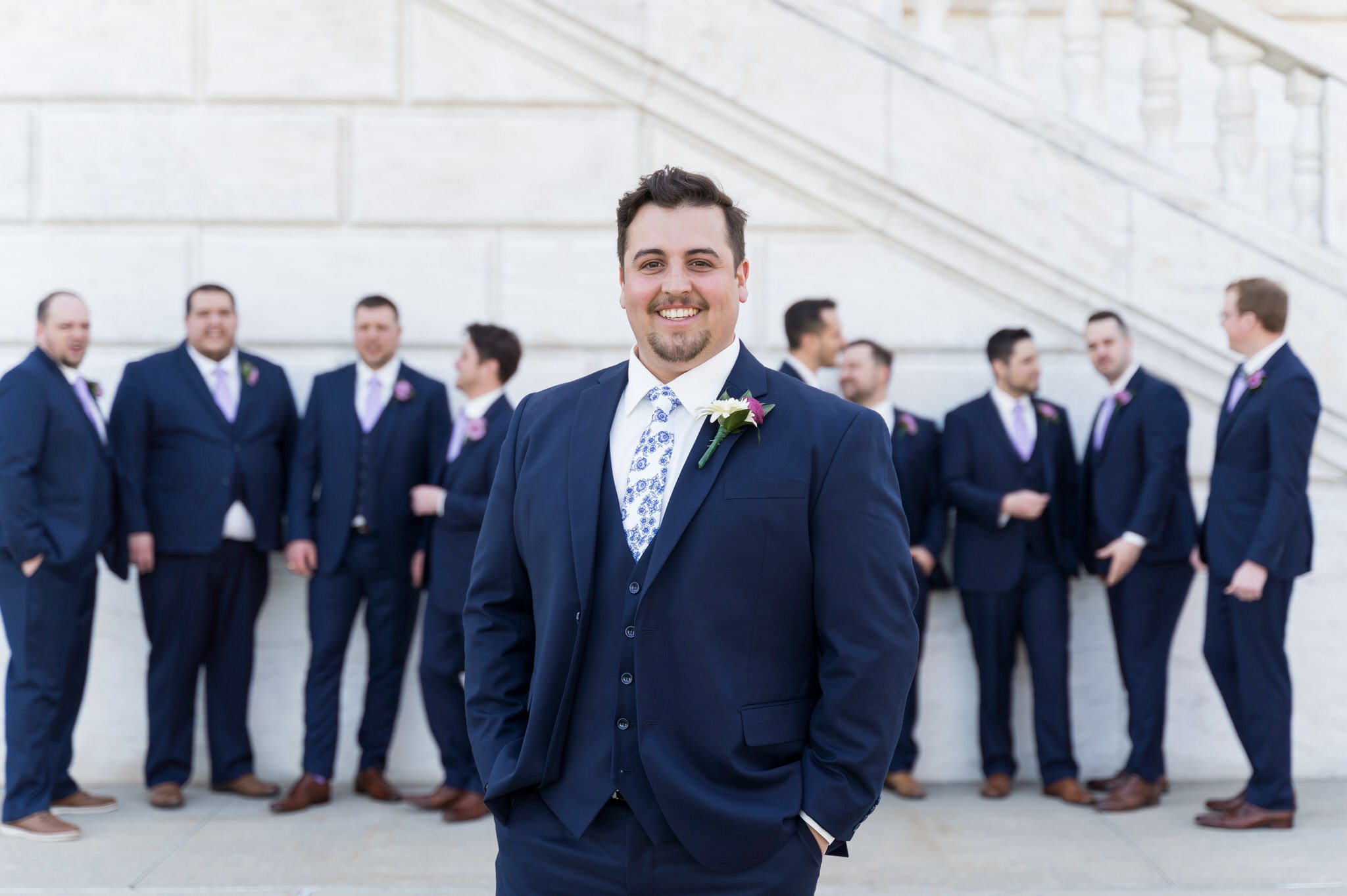 groomsmen wearing blue suits at the Detroit Institute of Arts