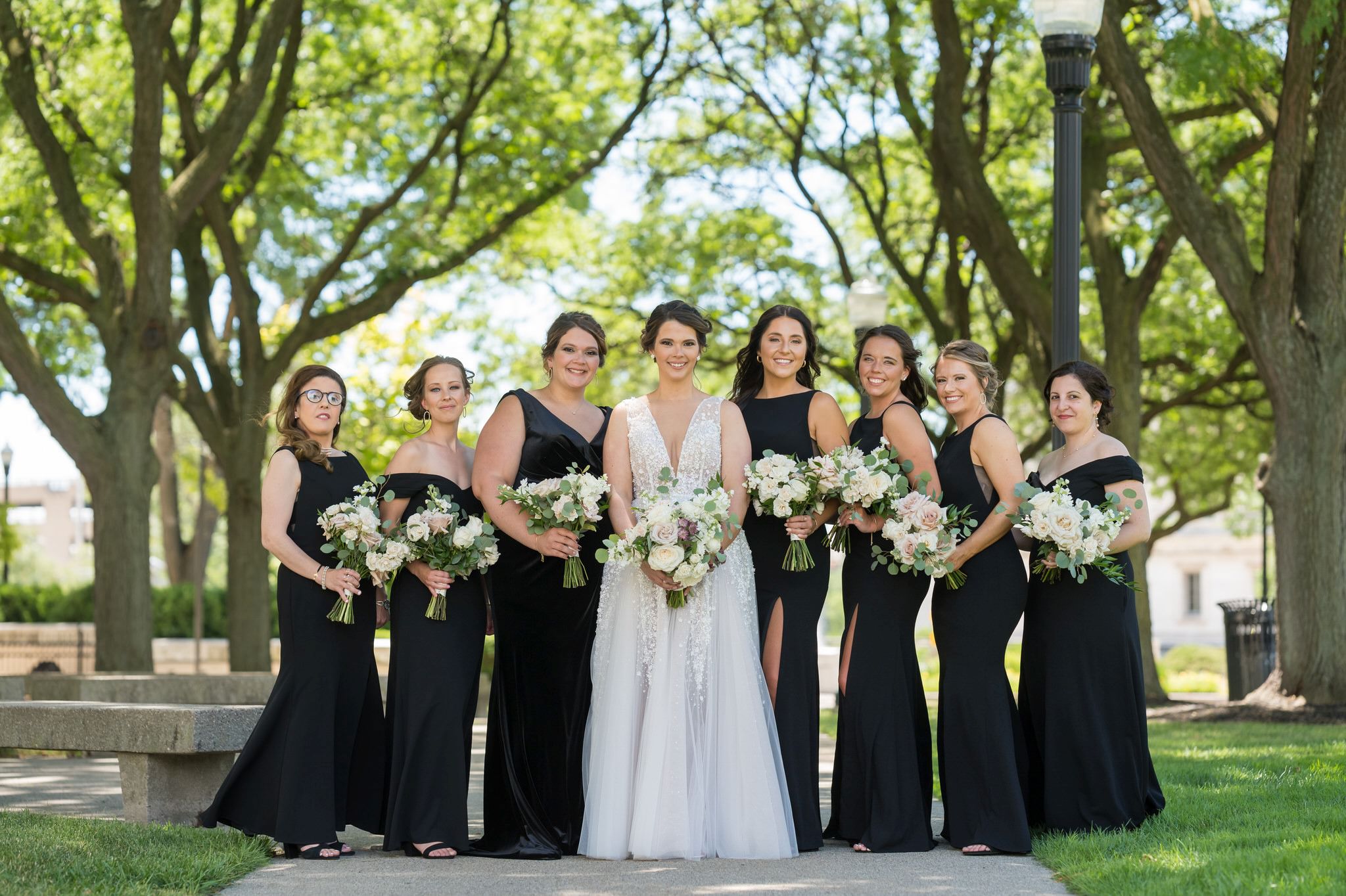 bridesmaids wearing black dresses at Detroit Institute of Arts