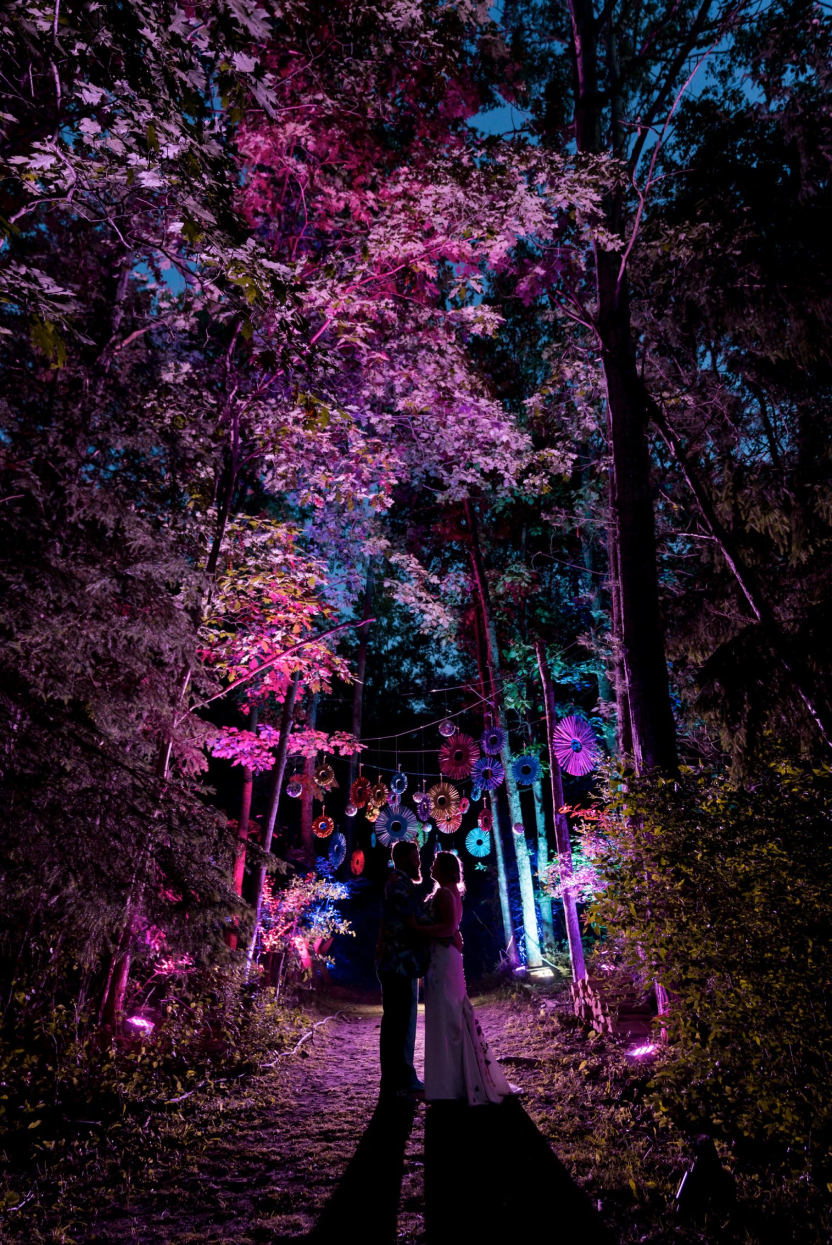 silhouette of bride and groom kissing at Electric Forest wedding