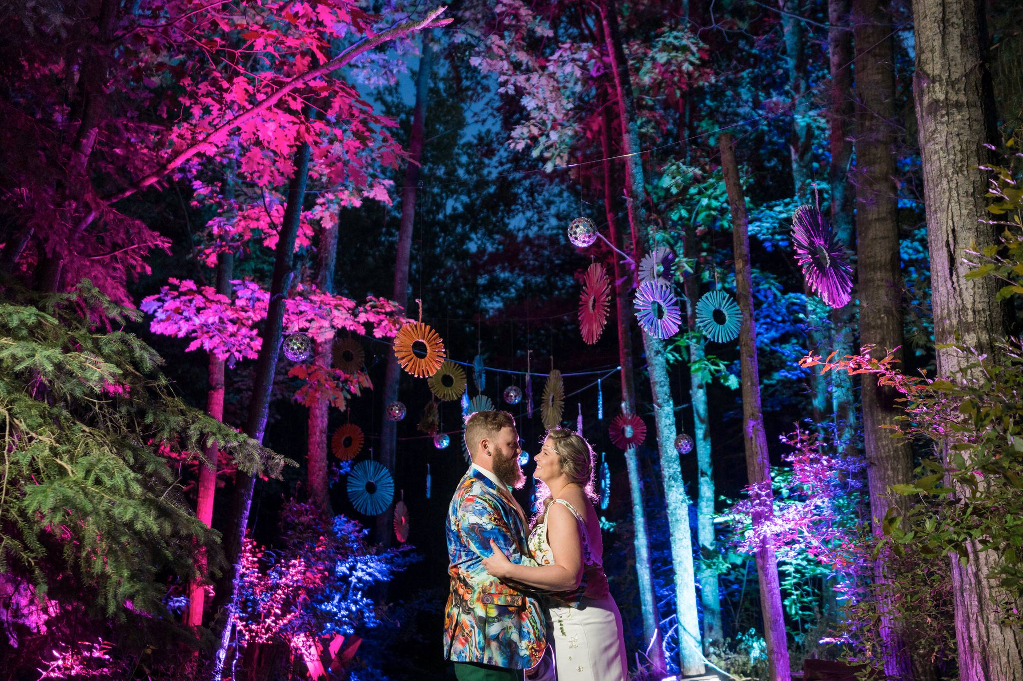 bride and groom at their Electric Forest wedding
