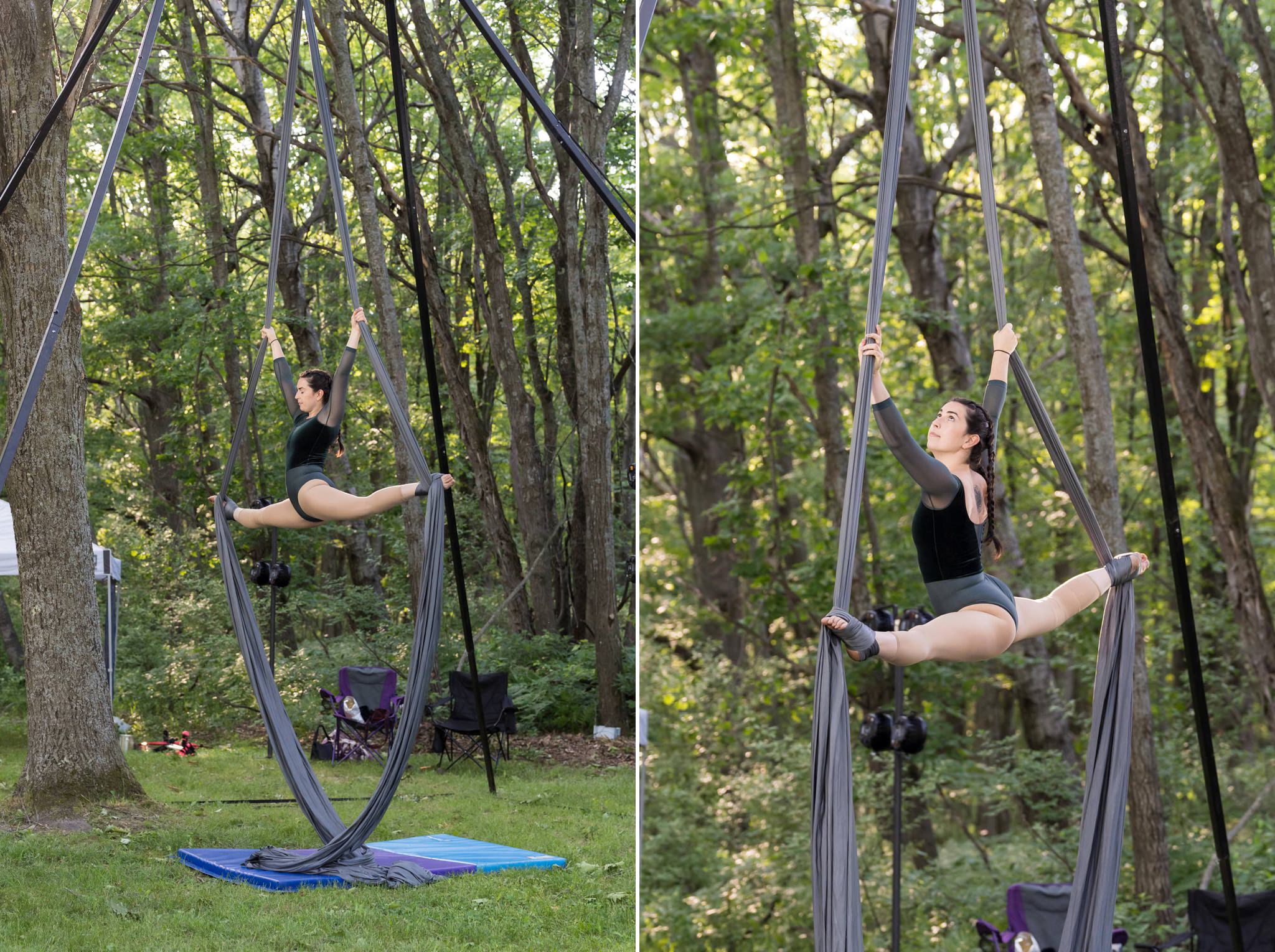 aerialist performs at an outdoor EDM wedding