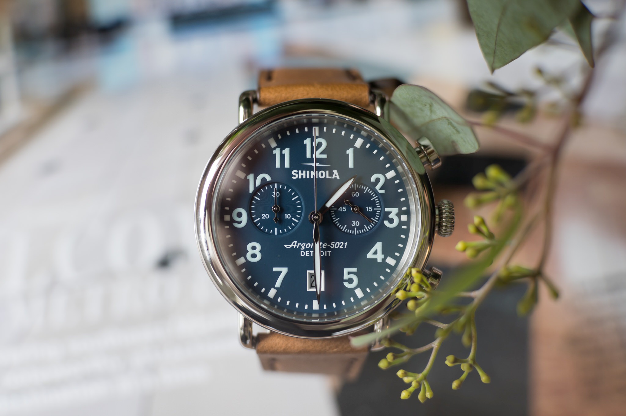 Shinola watch with blue face