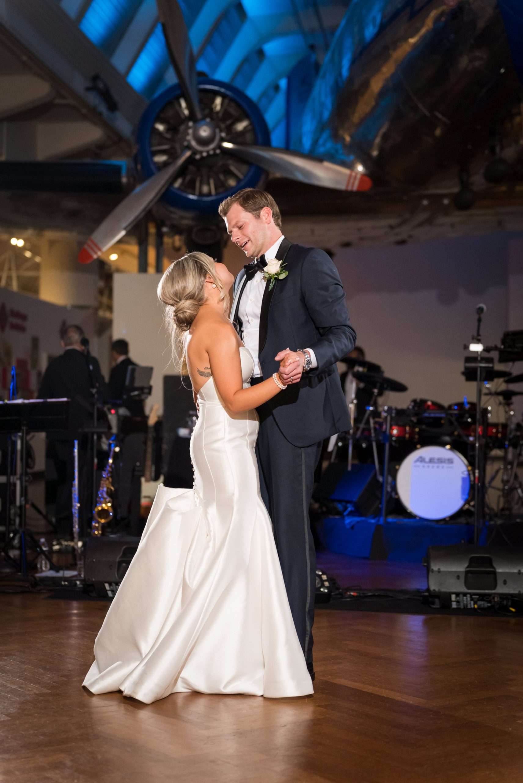 A bride and groom share a first dance at a Henry Ford Museum wedding. 