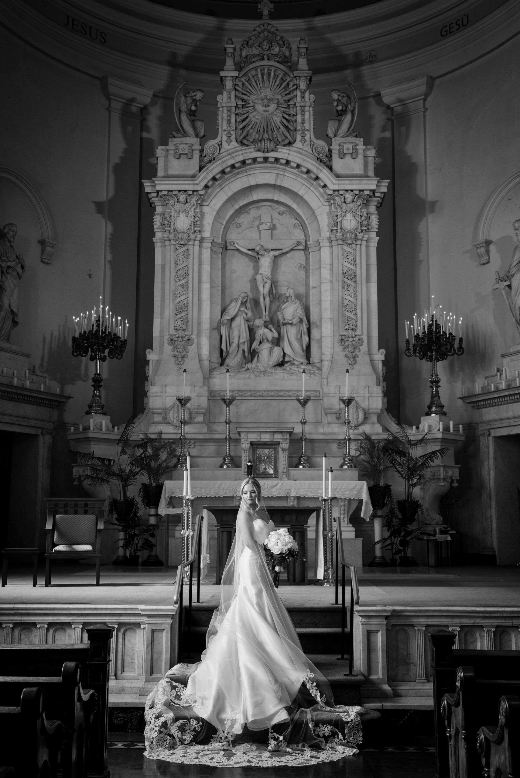 A bridal portrait at the altar of Saints Peter and Paul Jesuit Church in Detroit by Brian Weitzel Photography.  