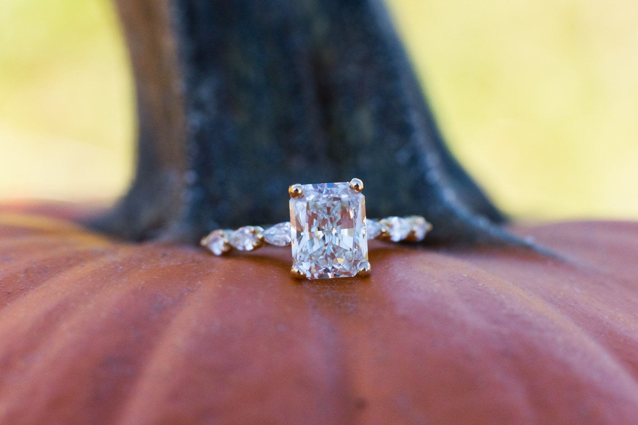 An engagement ring sits on a pumpkin during a pumpkin patch engagement session.  