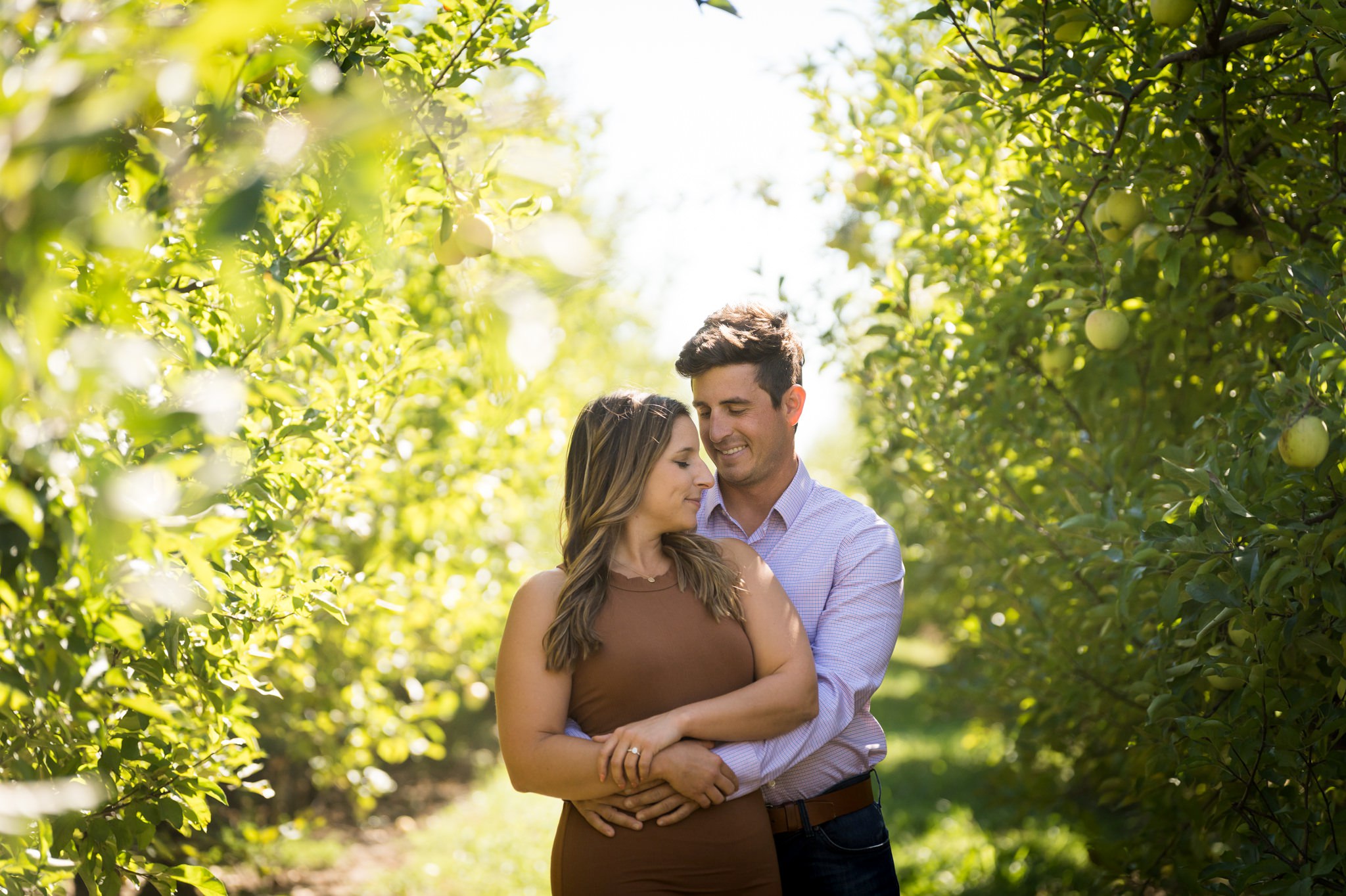 Standing in rows of apple trees, a couple embraces during their Blake's Apple Orchard engagement session.