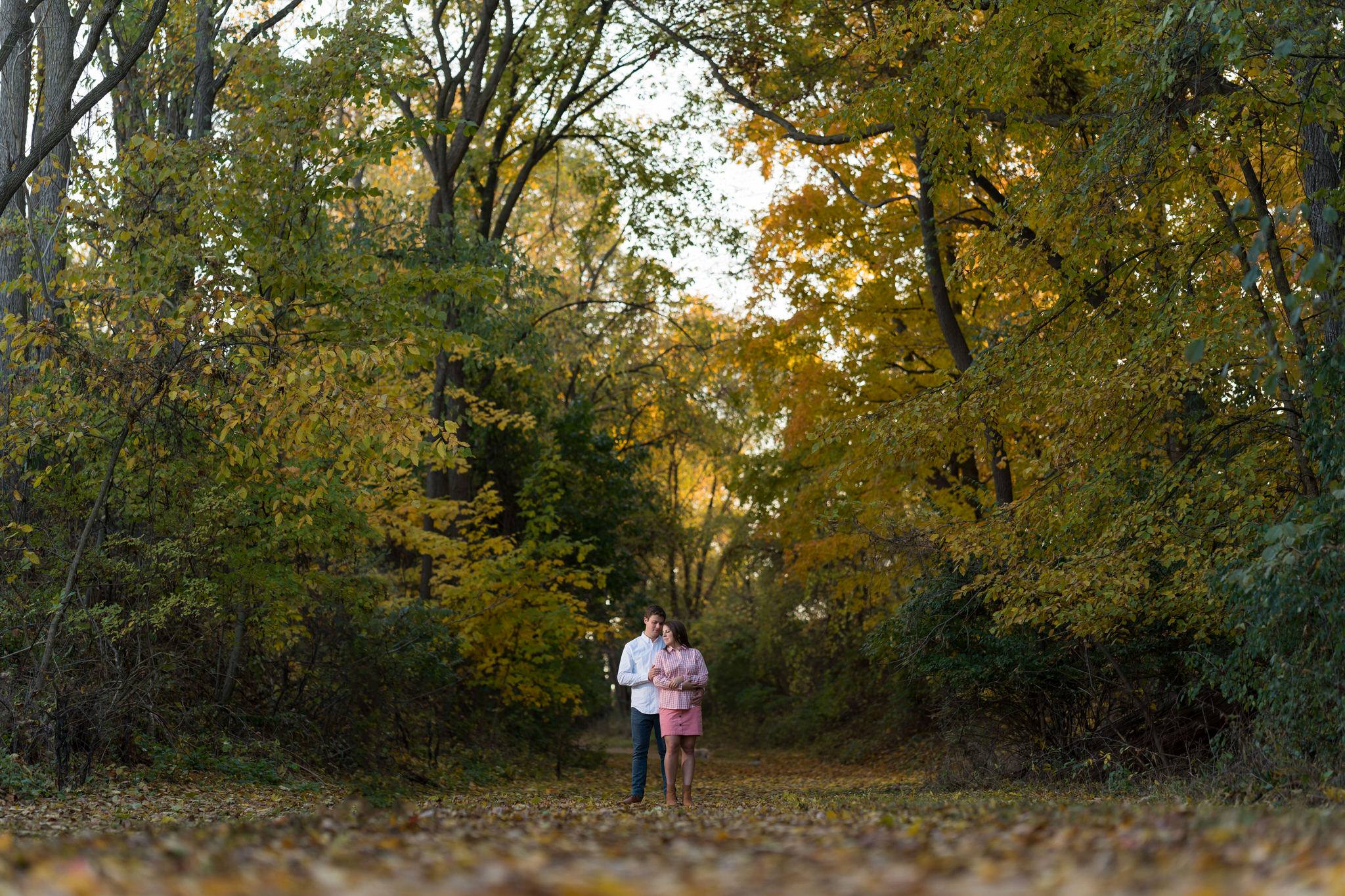 Couple hug in a tunnel of trees at their fall engagement at Van Hoosen.