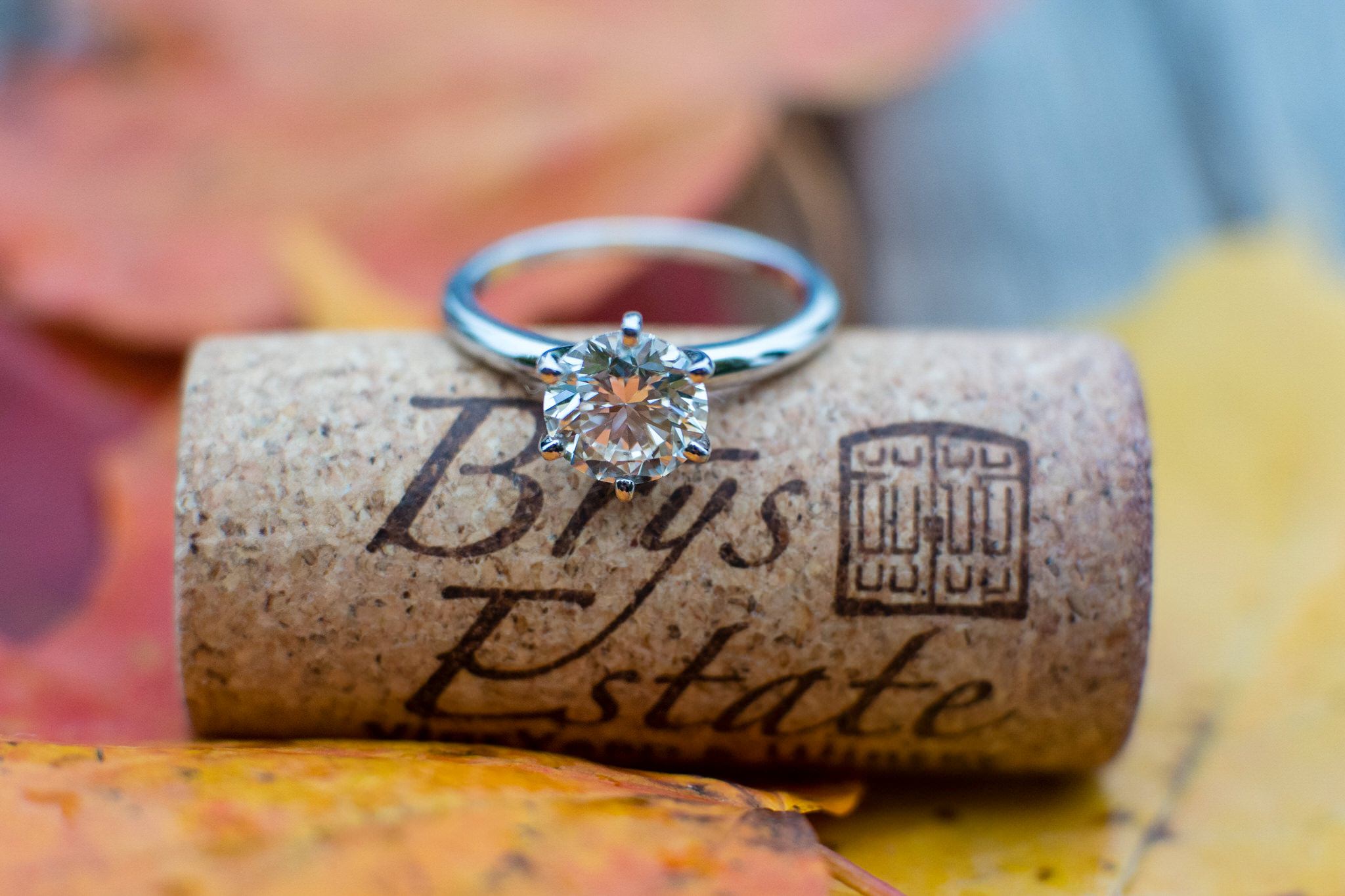 An engagement ring on a Brys Estate wine cork in Traverse City, Michigan. 