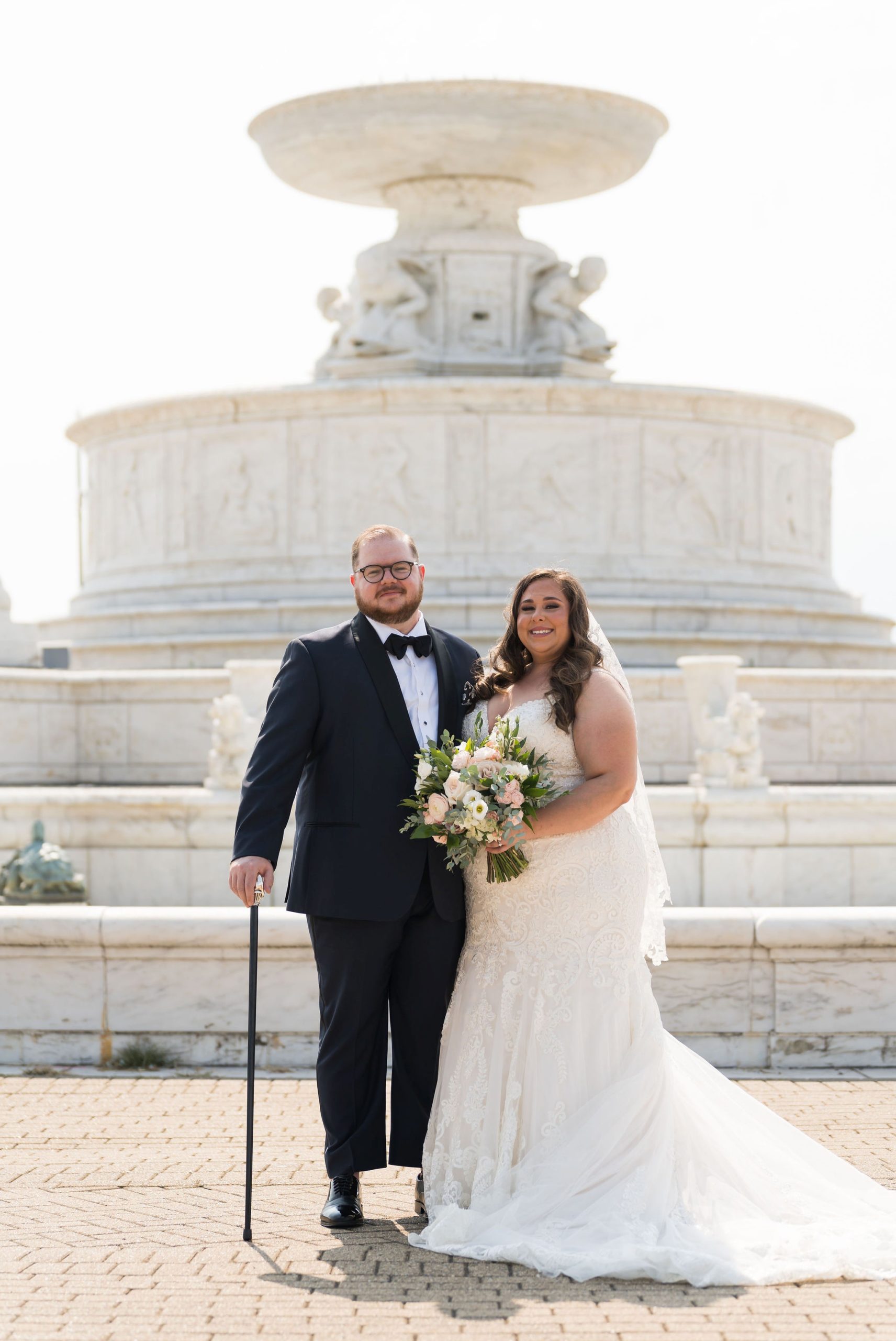 A wedding portrait in front of the Belle Isle Fountain, Detroit. 