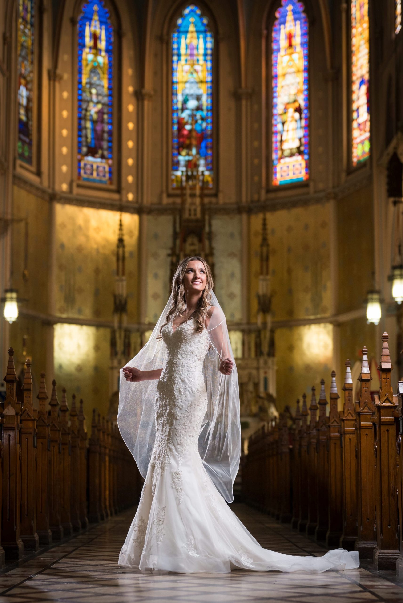 A bridal portrait at St. Anne de Detroit by Brian Weitzel Photography.  