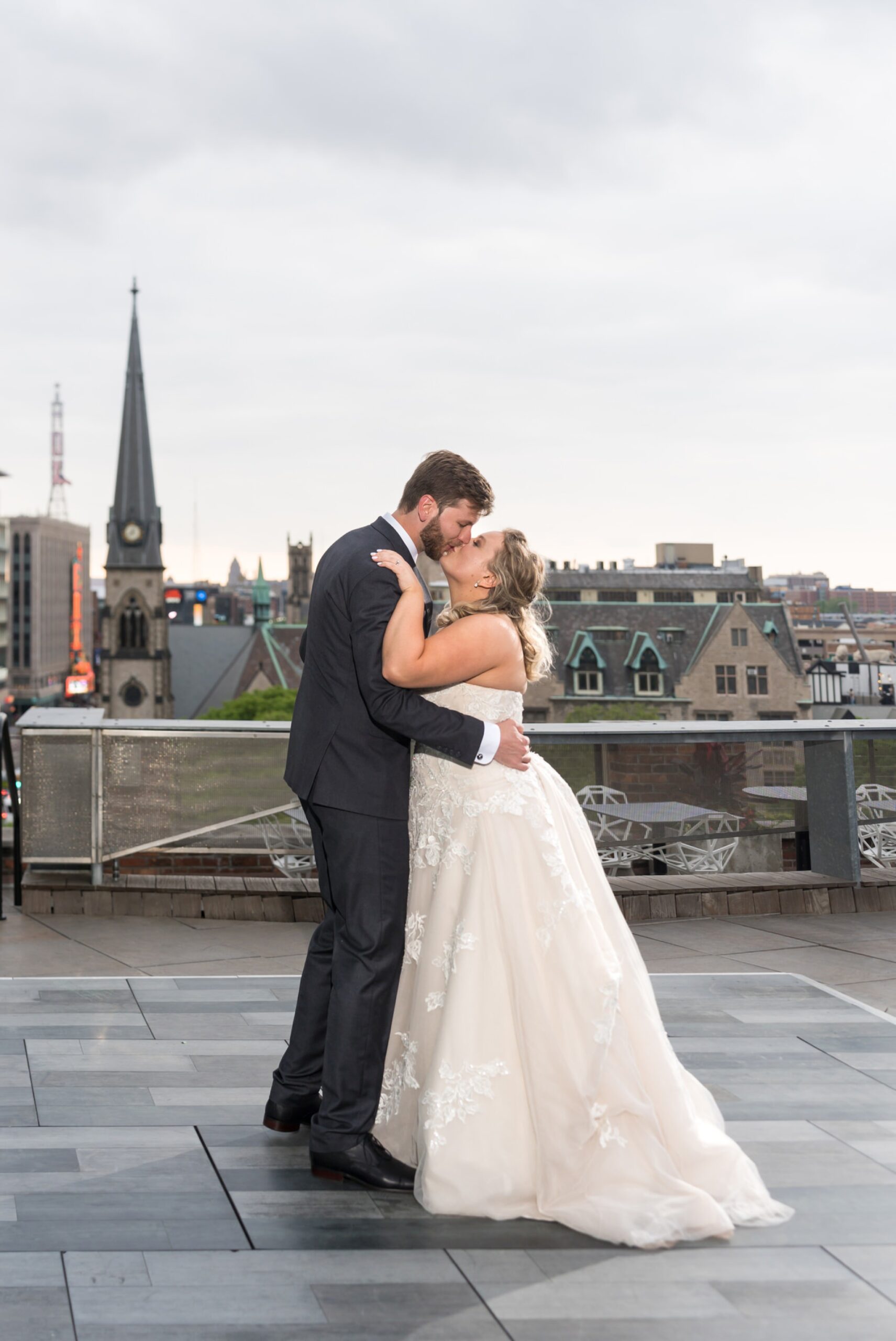 The bride and groom share their first dance at a Madison Building wedding in Detroit. 