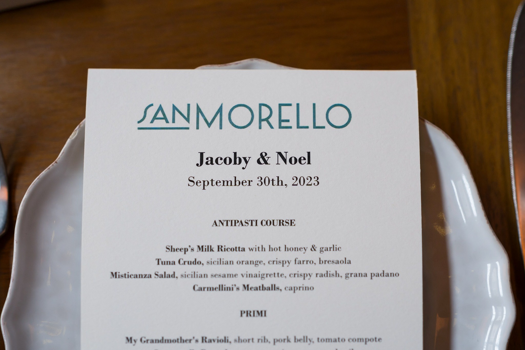 A customized menu from a San Morello wedding.  