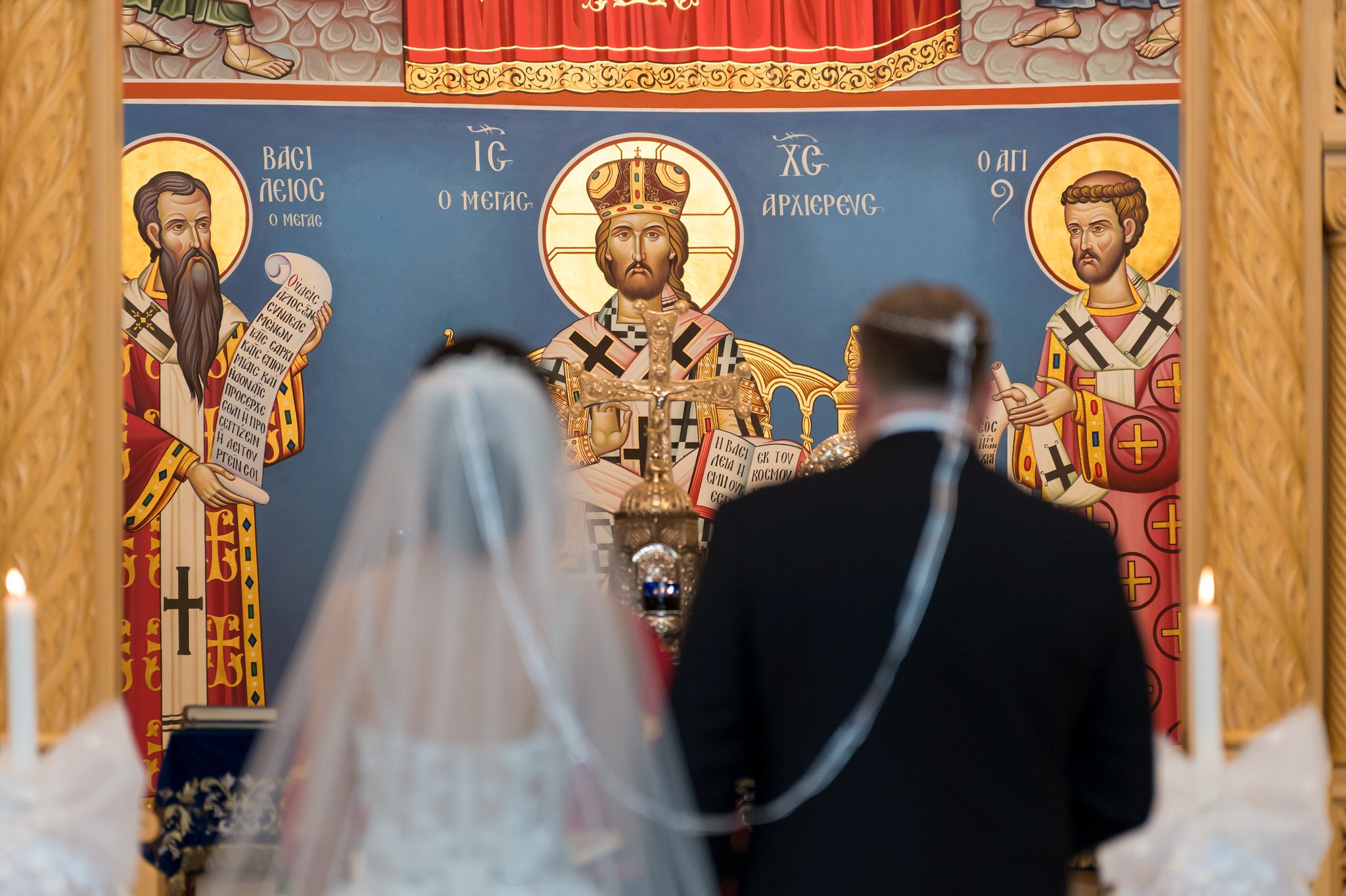 Jesus iconography at the altar of Assumption Greek Orthodox wedding in St. Clair Shores, Michigan.