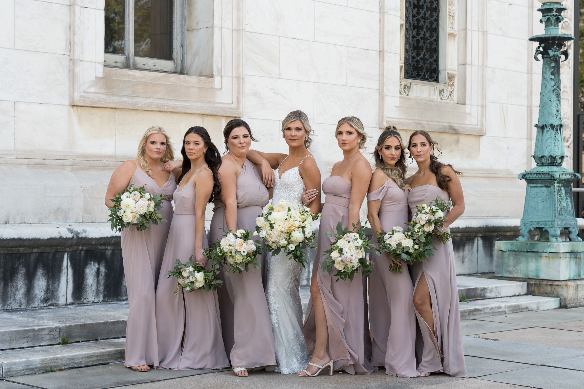 Bridesmaids poses like a Vanity Fair magazine cover during their Detroit wedding by Brian Weitzel Photography.  