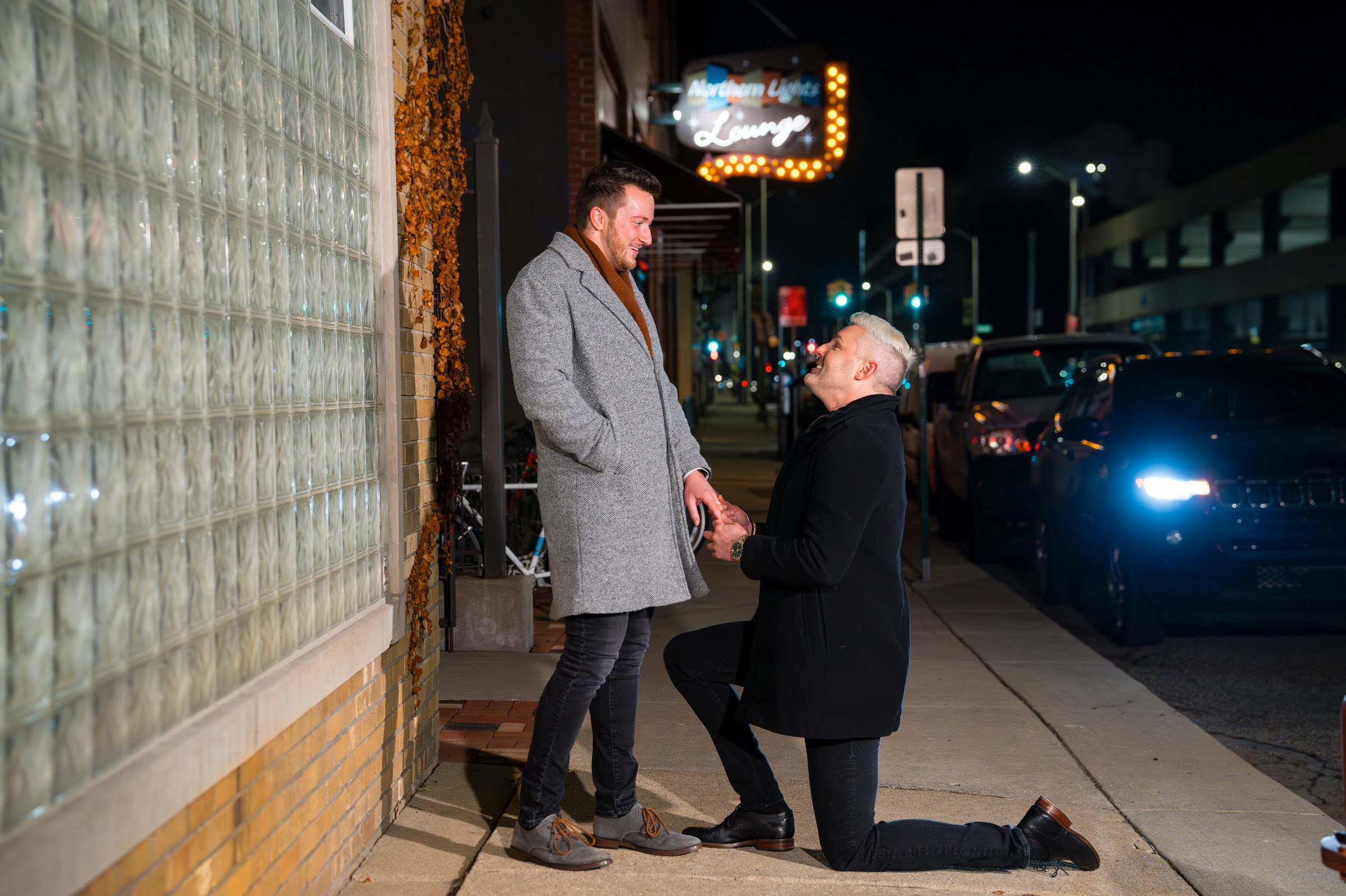 A Northern Lights proposal takes place in New Center Detroit outside on a winter night.  