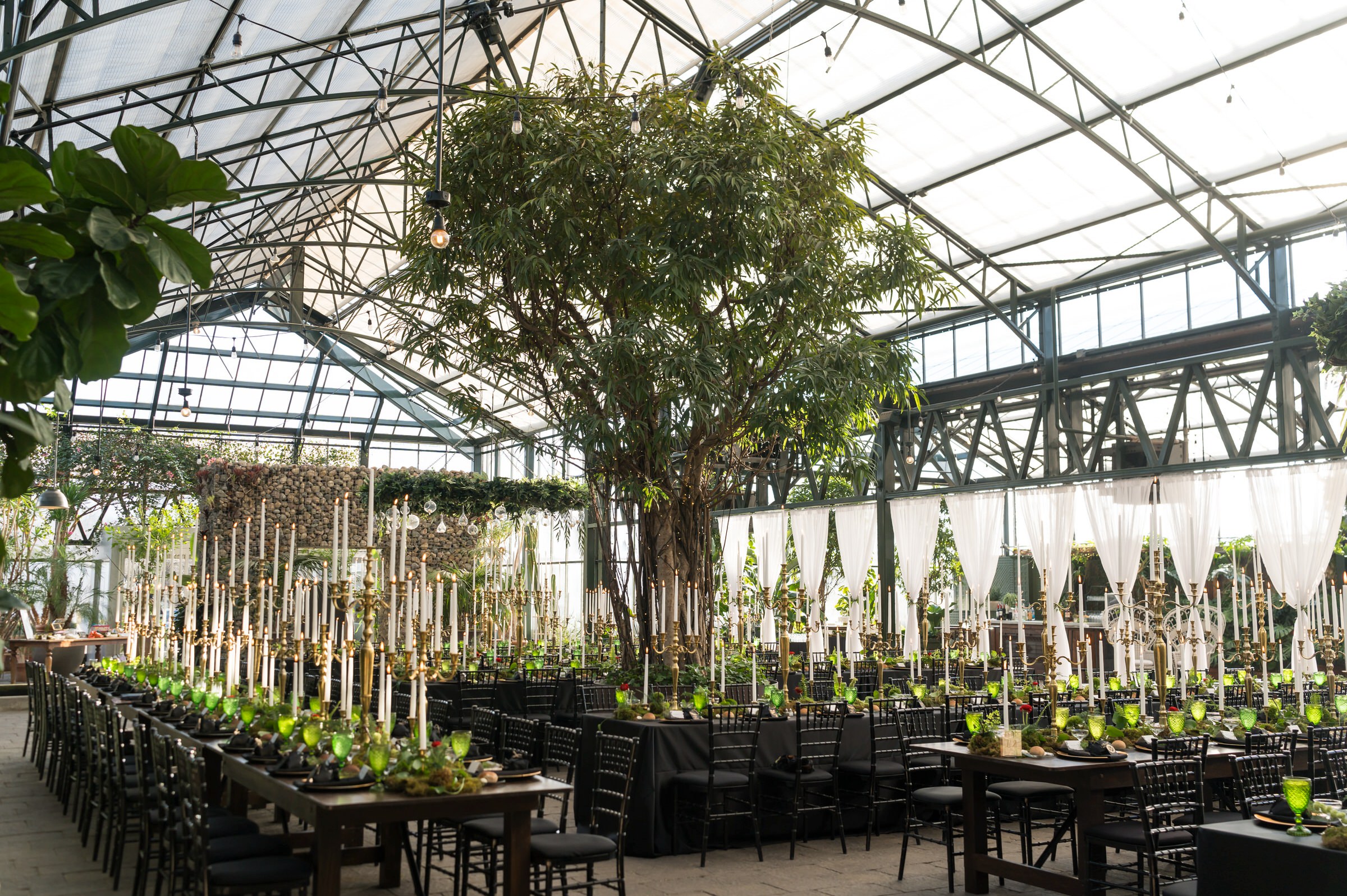 The greenery filled reception space at a Planterra wedding.  