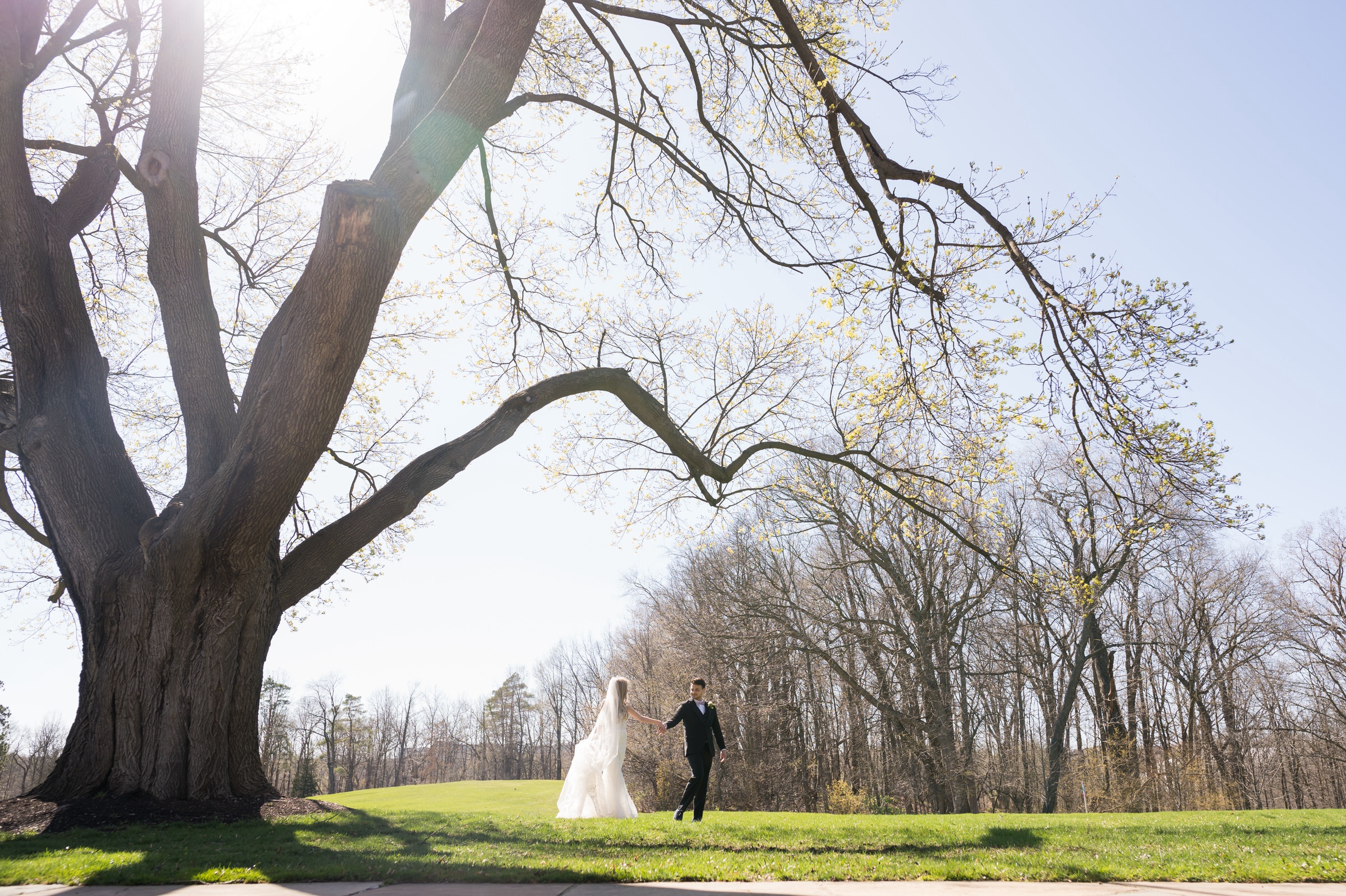A bride and groom walk holding hands on the grounds of their Meadowbrook wedding.  