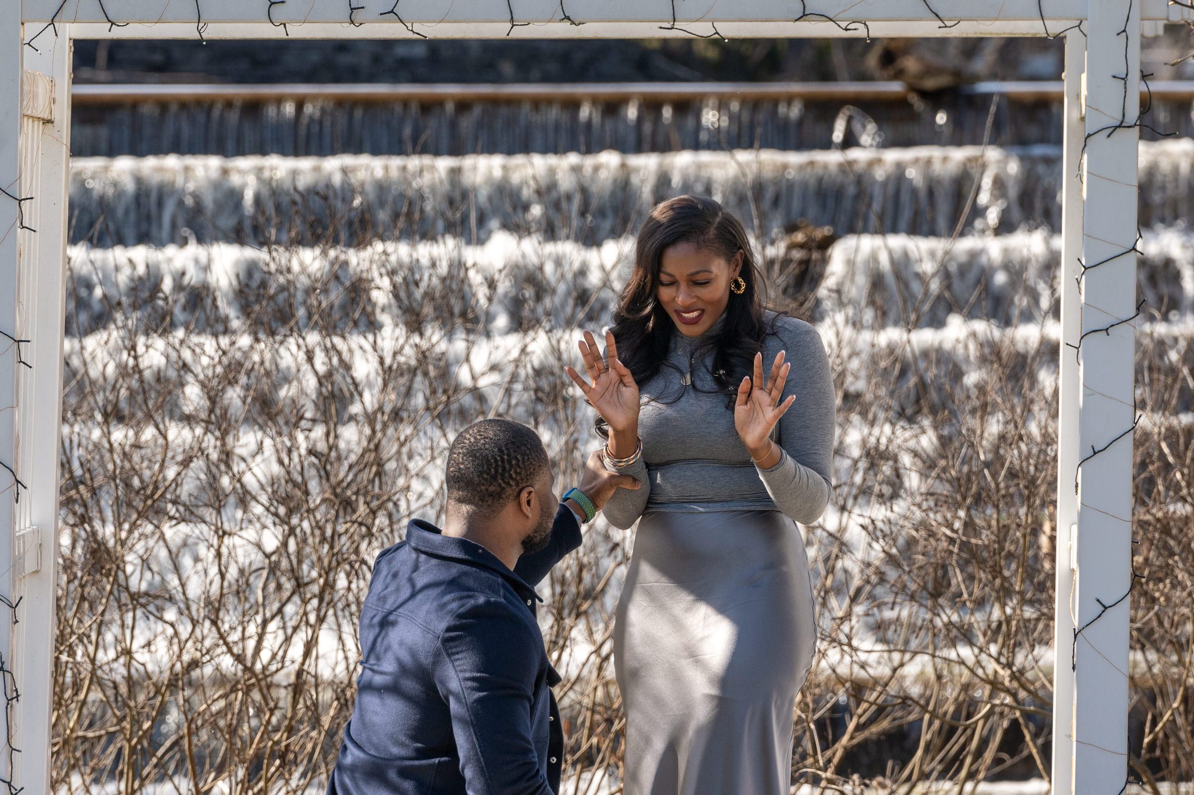 A fiancé reacts to her proposal at Quarton Lake waterfall in Birmingham, Michigan.  