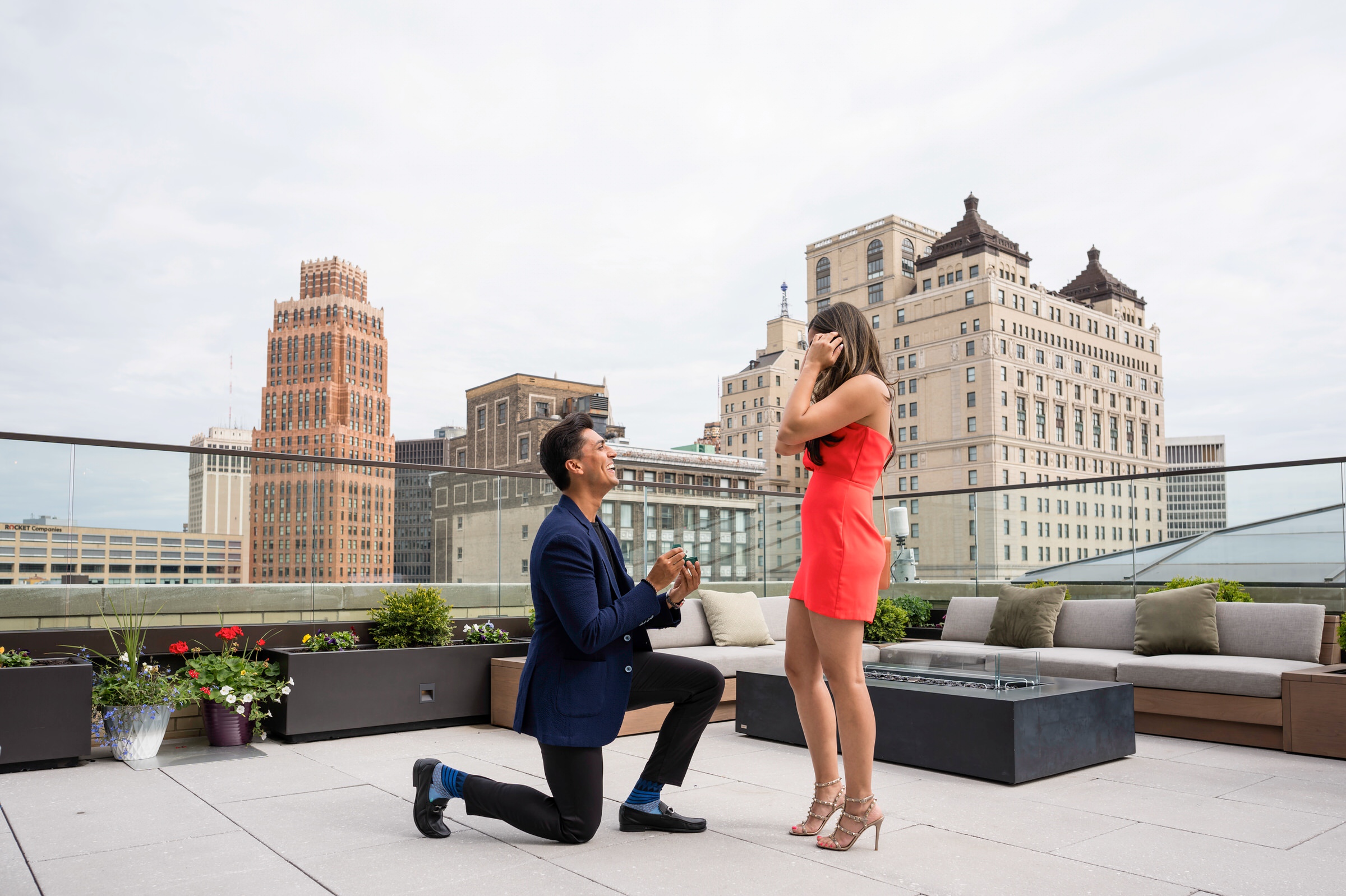 The decisive moment from a Kamper's Rooftop Proposal atop the Book Tower in Detroit.  