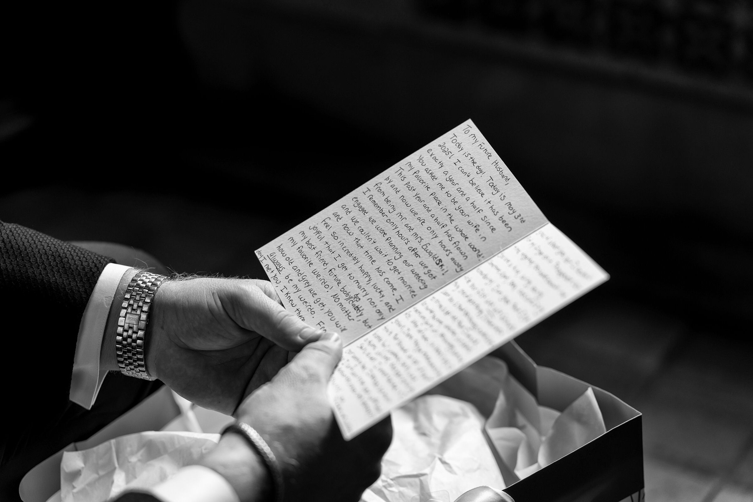 Bride's card to groom prior to wedding at meadow brook hall 