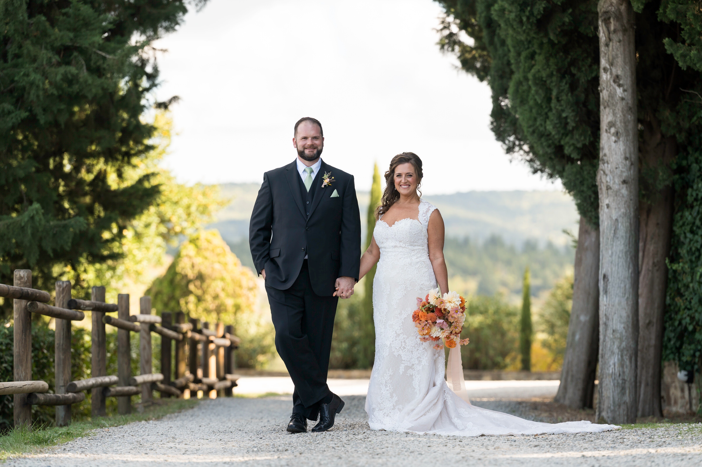 Kate and AJ on the grounds of their Quercia al Poggio wedding